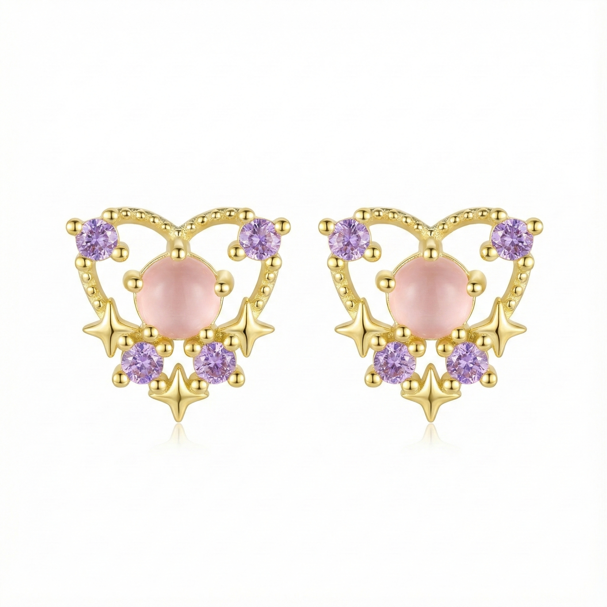 Boucles d'oreilles en forme de cœur en argent doré, serties d'une pierre rose centrale et de zircons, idée cadeau romantique.